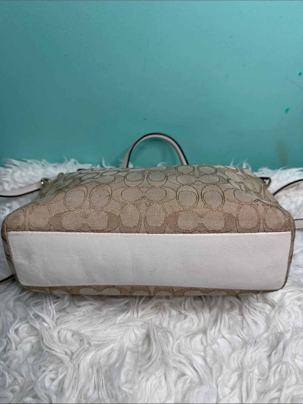 Authentic Coach Beige Canvas Signature Satchel with White Trim